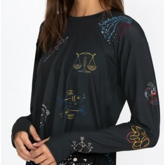 Johnny Was Tops - Johnny Was Active Celestin Step Hem Tee Black Zodiac Celestial Long Sleeve S NEW